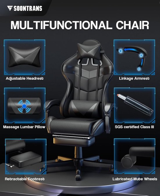 Gaming Stoel - Ergonomische Stoel - Comfortabel Gamen - Met Massagefunctie - Tot 135 kg - Zwart — afbeelding 5