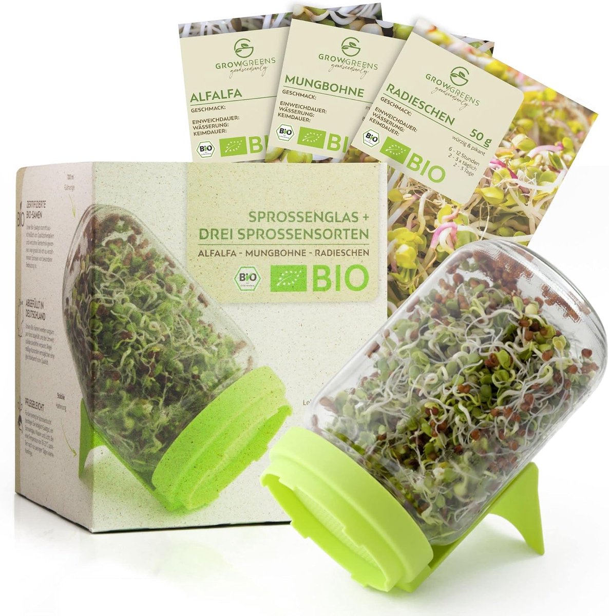 SnelShoppen - Keimglas Keimset met 3 Bio Sprossen Zaden - Microgreens Groei Set voor Krokante Spruiten (Alfalfa, Mungbonen, Radijs) - 700ml