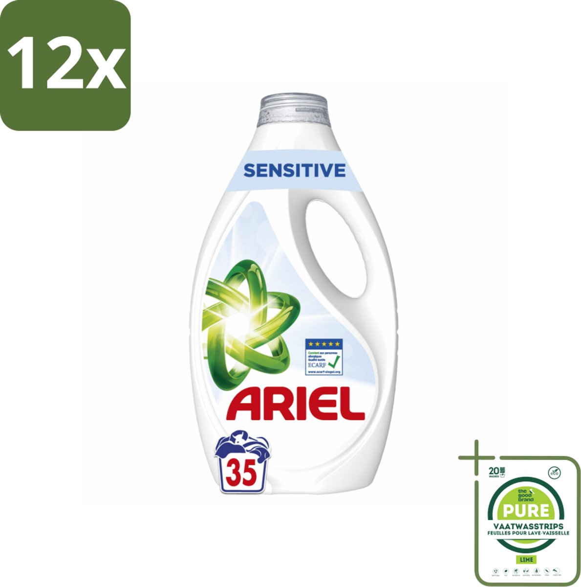 Ariel – Sensitive – Vloeibaar Wasmiddel – 1,58 L - Voordeelverpakking - 12 stuks - Gevoelige huid - Wasmiddel zonder kleurstoffen
