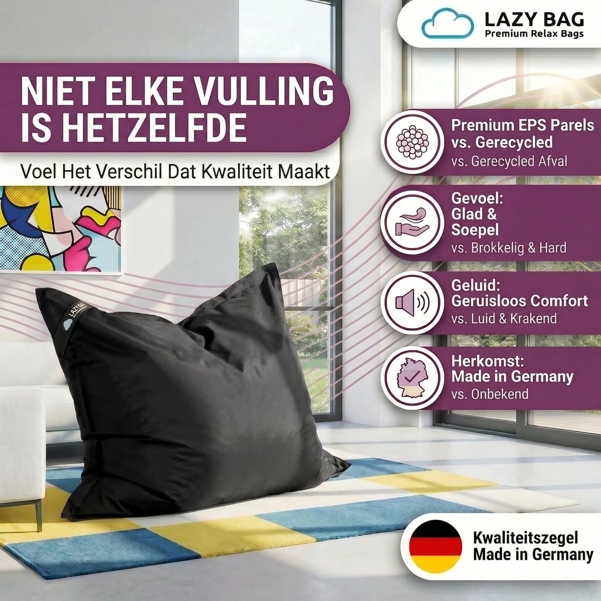 SnelShoppen - Lazy Bag Original Zitzak XL 250 Liter Reuze Zitzak Junior Kussen Armstoel voor Kinderen & Volwassenen 160x120 cm Zwart voor Tuin, Campin
