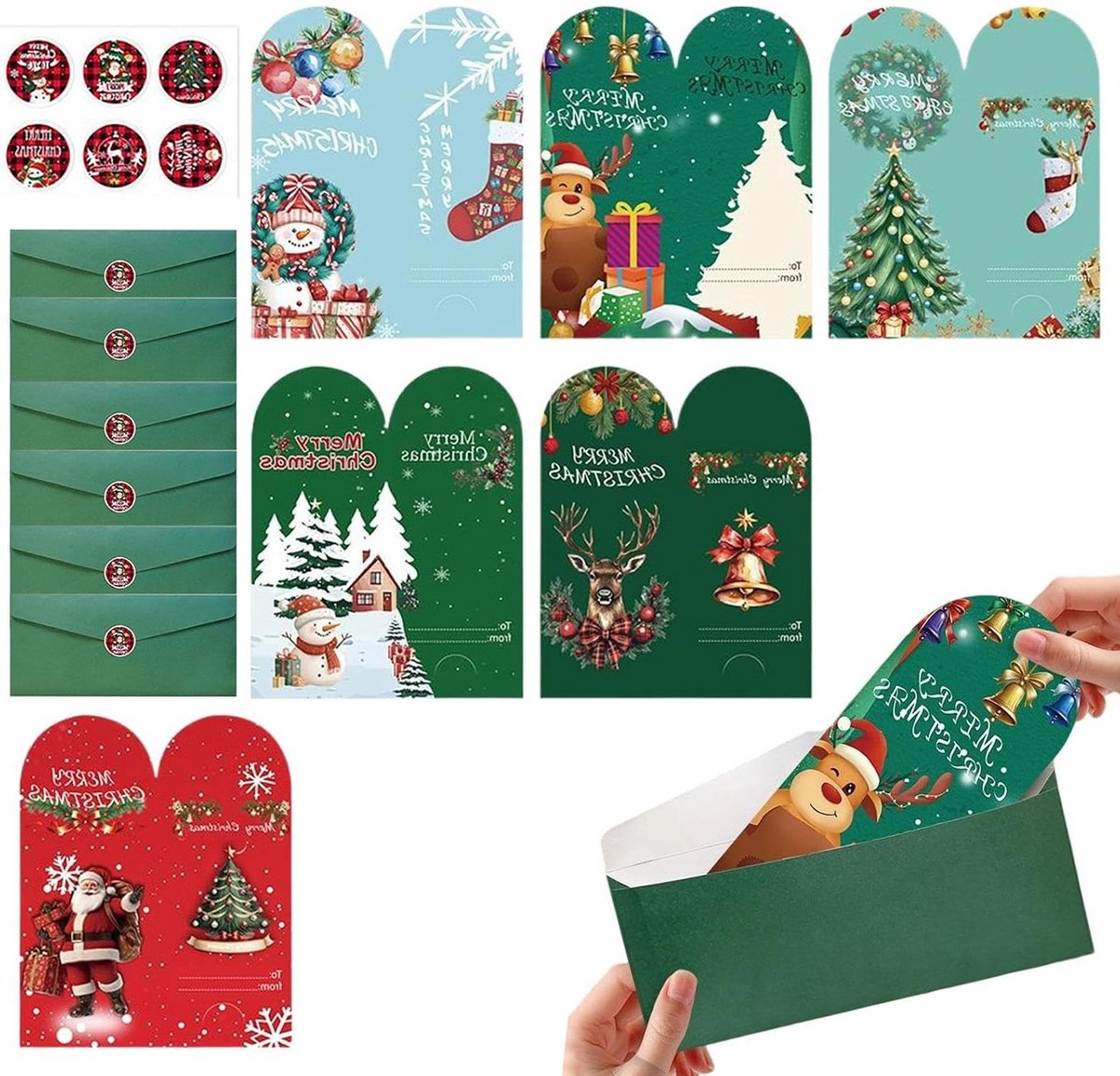 Kerstkaarten Set - Wenskaarten Kerst Feestkaarten - Feestdagen Wensen Uiten - Zes Verschillende Ontwerpen - 17 x 21 cm - Multicolor