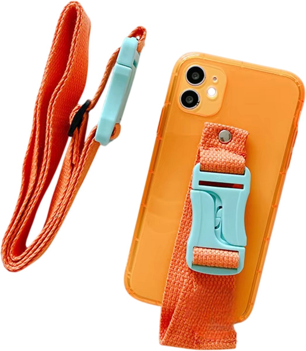 Telefoonhoesje Transparant Siliconen Back Cover met Fluorescerende Lanyard, Nekkoord & Polsband – Schokbestendig – Geschikt voor iPhone 17 pro - Oranje