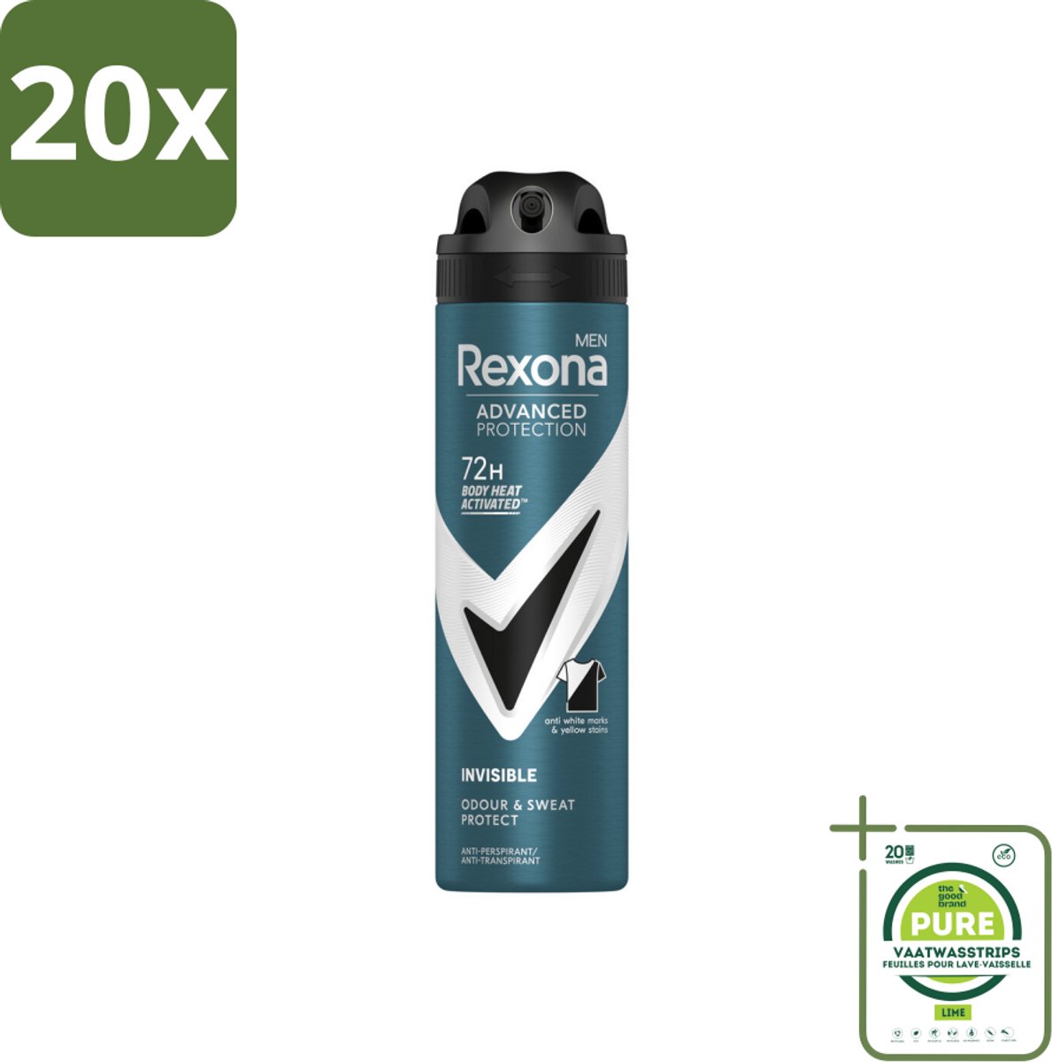20 x Rexona Men - Deodorant Spray - Advanced Protection Invisible - Langdurige Frisheid - 150 ml - Grootverpakking - Rexona Man - Antitranspirant - Deodorant - 72 Uur Bescherming - Streepvrij