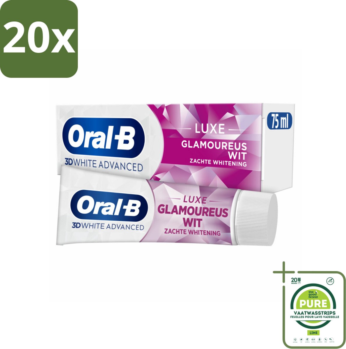 20 x Oral-B - 3D White Advanced – Tandpasta – Luxe – Glamorous White – 75 ml - Grootverpakking - Tandpasta - Witte Tandpasta - Glimlach - Verkleuring - Vlekken