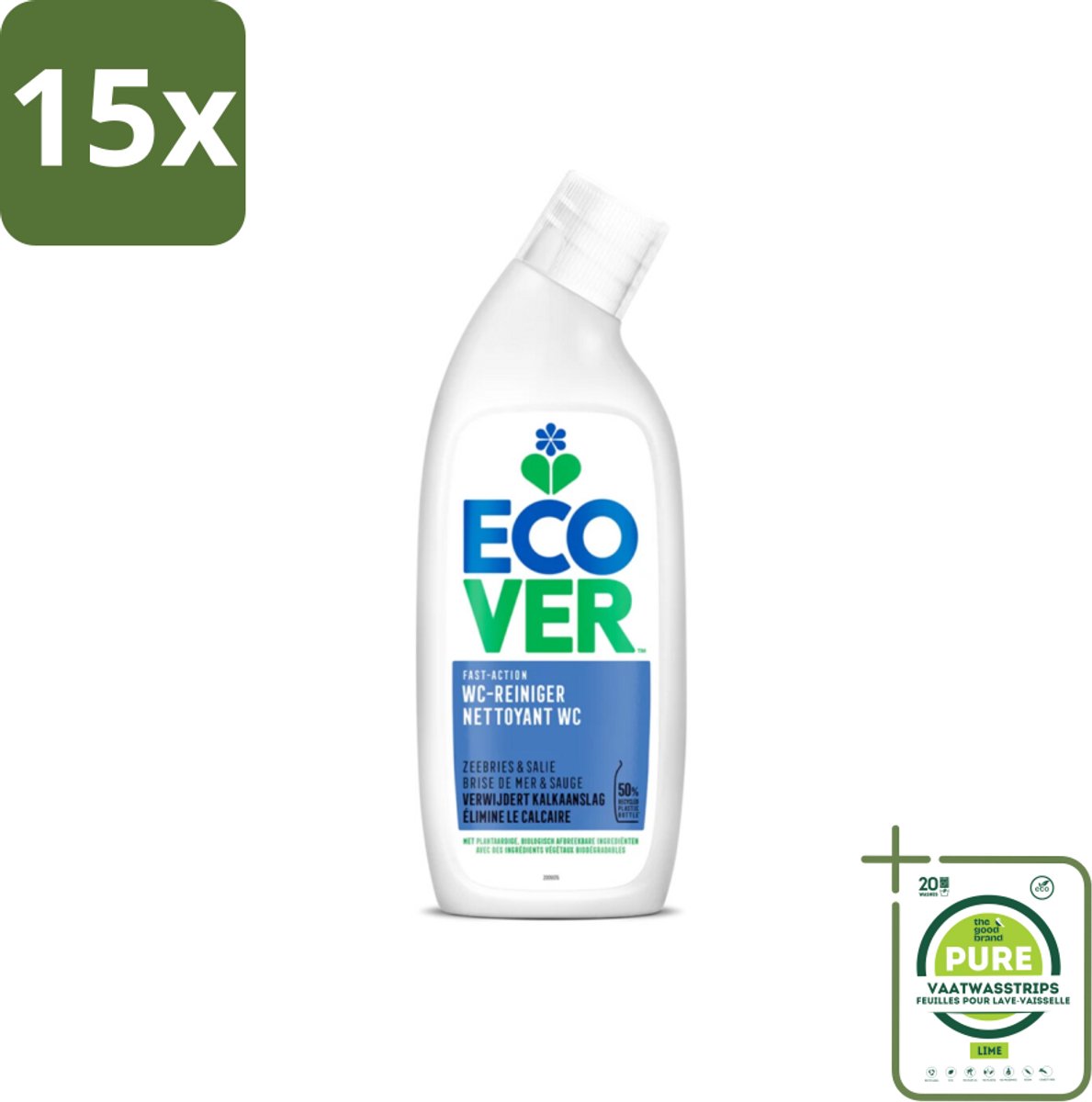 15 x Ecover - Toiletreiniger - Zeebries & Salie - 750 ml - Grootverpakking - Toilet Schoonmaak - Toiletreiniger - Ecologische Schoonmaak - Biologische Reiniger - Plantaardige Ingrediënten