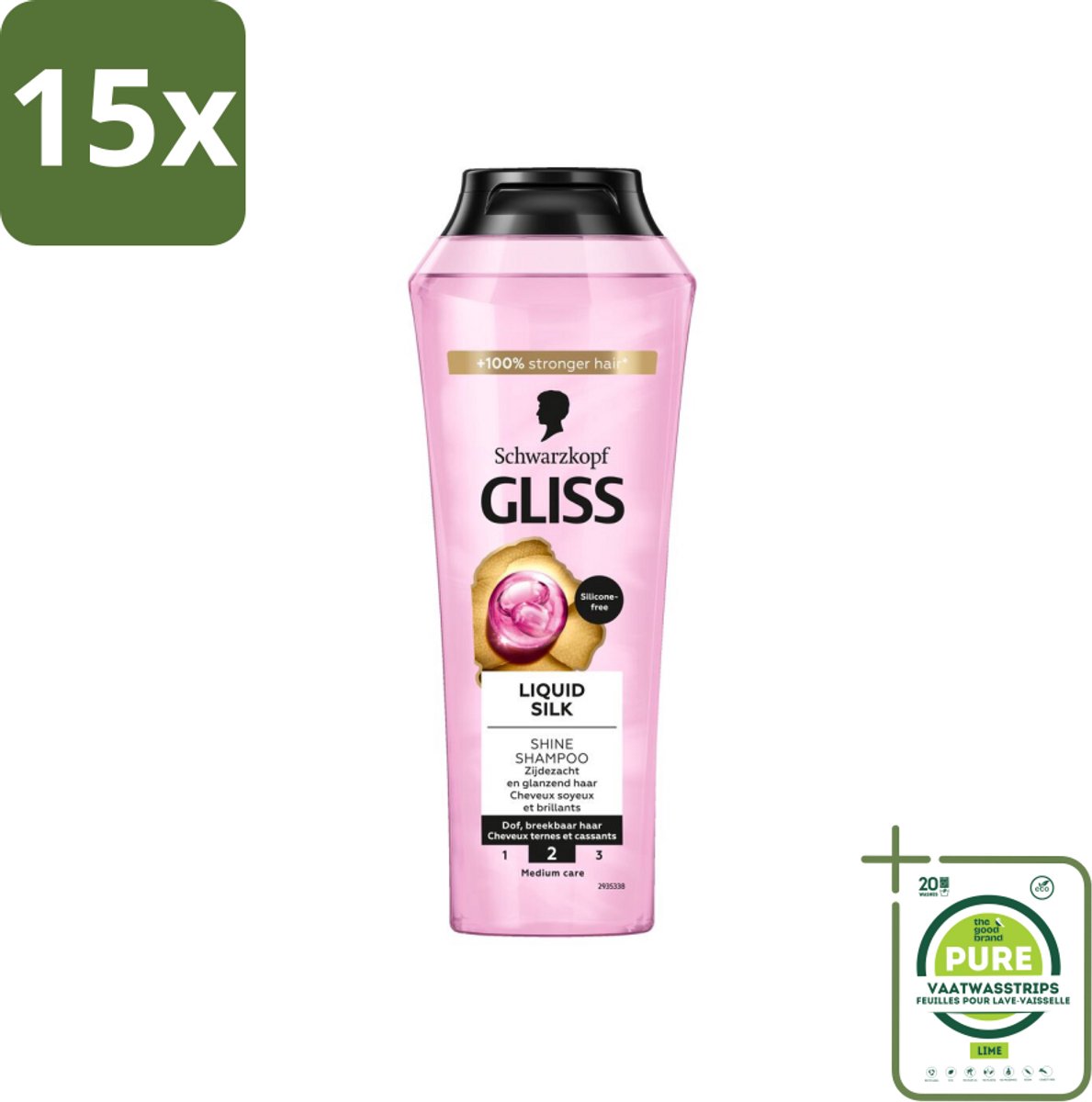 15 x Gliss - Shampoo - Liquid Silk - Voor Glanzend en Zijdezacht Haar - 250 ml - Grootverpakking - Glans Shampoo - Zijdezacht Haar - Haarverzorging - Siliconenvrije Shampoo - Natuurlijke Shampoo