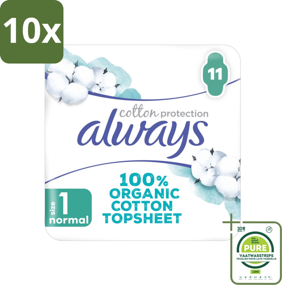 10 x Always – Maandverband – Bio Cotton Protection Ultra Normal met Vleugels – 11 stuks per verpakking - Grootverpakking - Maandverband - Bio Katoen - Menstruatiebescherming - Vleugels - Huidvriendelijk