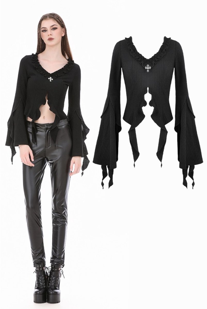 Dark in Love - Gothic Cross Decor Irregular Split Ruffled BellSleeve Knit Longsleeve top - M - Zwart
