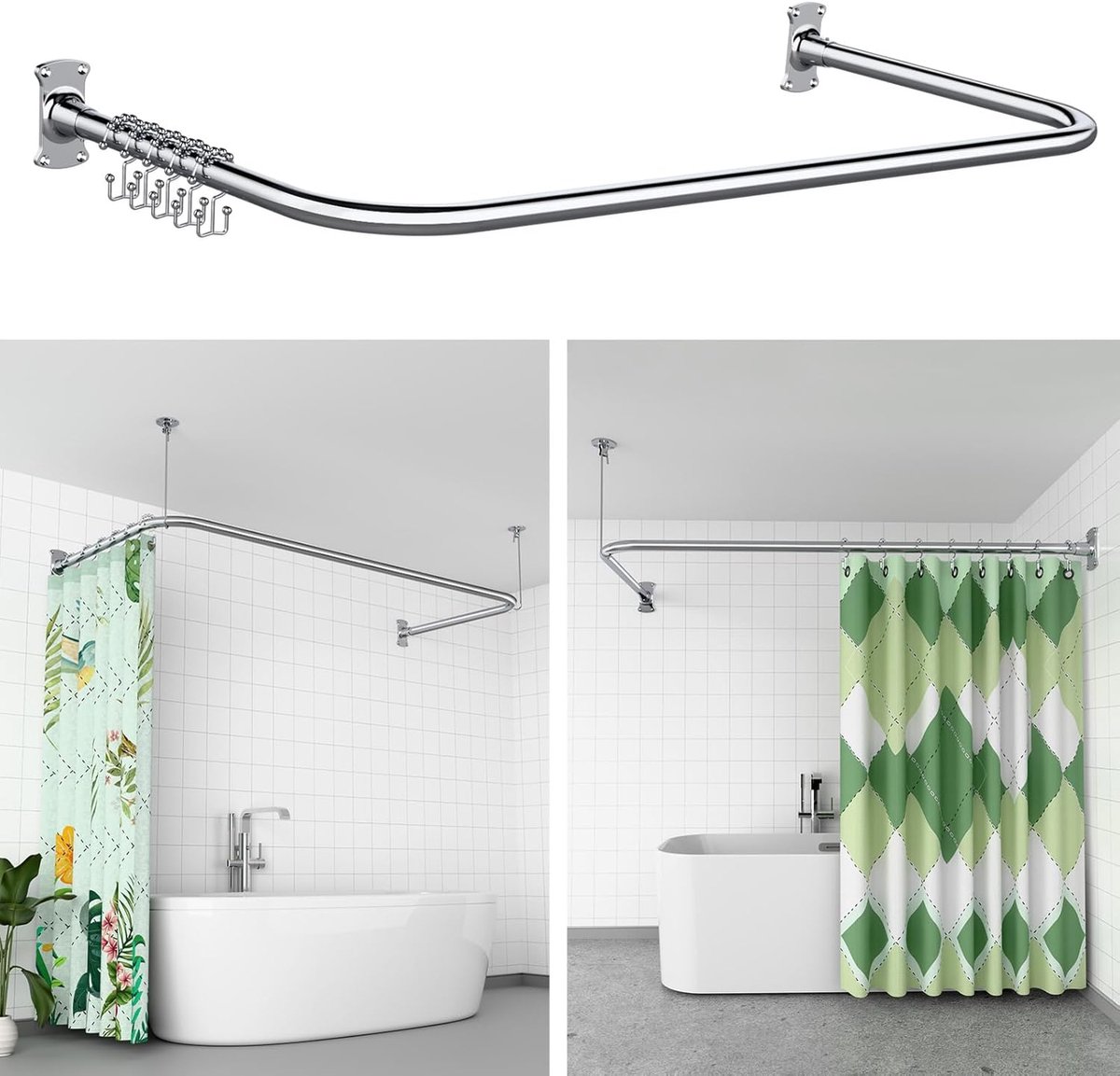 SnelShoppen - Verstelbare Douchegordijnstang U-vorm/L-vorm, 80-130 × 120-200 × 80-90 cm, Hoekdouchegordijnstang van Roestvrij Staal SUS304 met Plafond