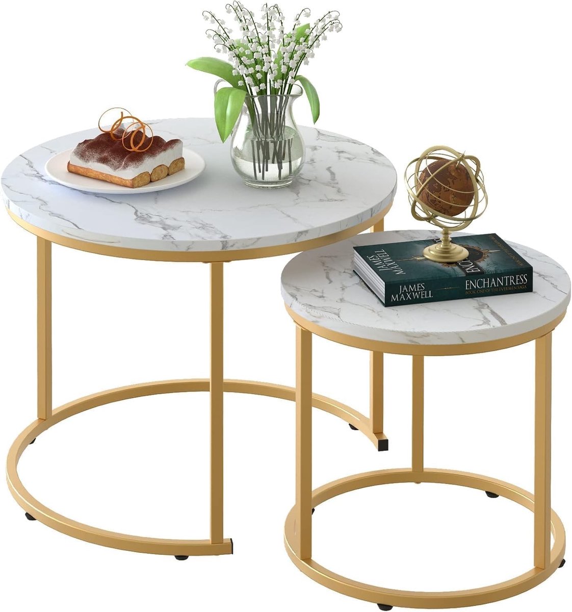 Salontafel set - Bijzettafels rond - Woonkamer inrichten - Marmer en metaal - Set van 2 - Wit goud