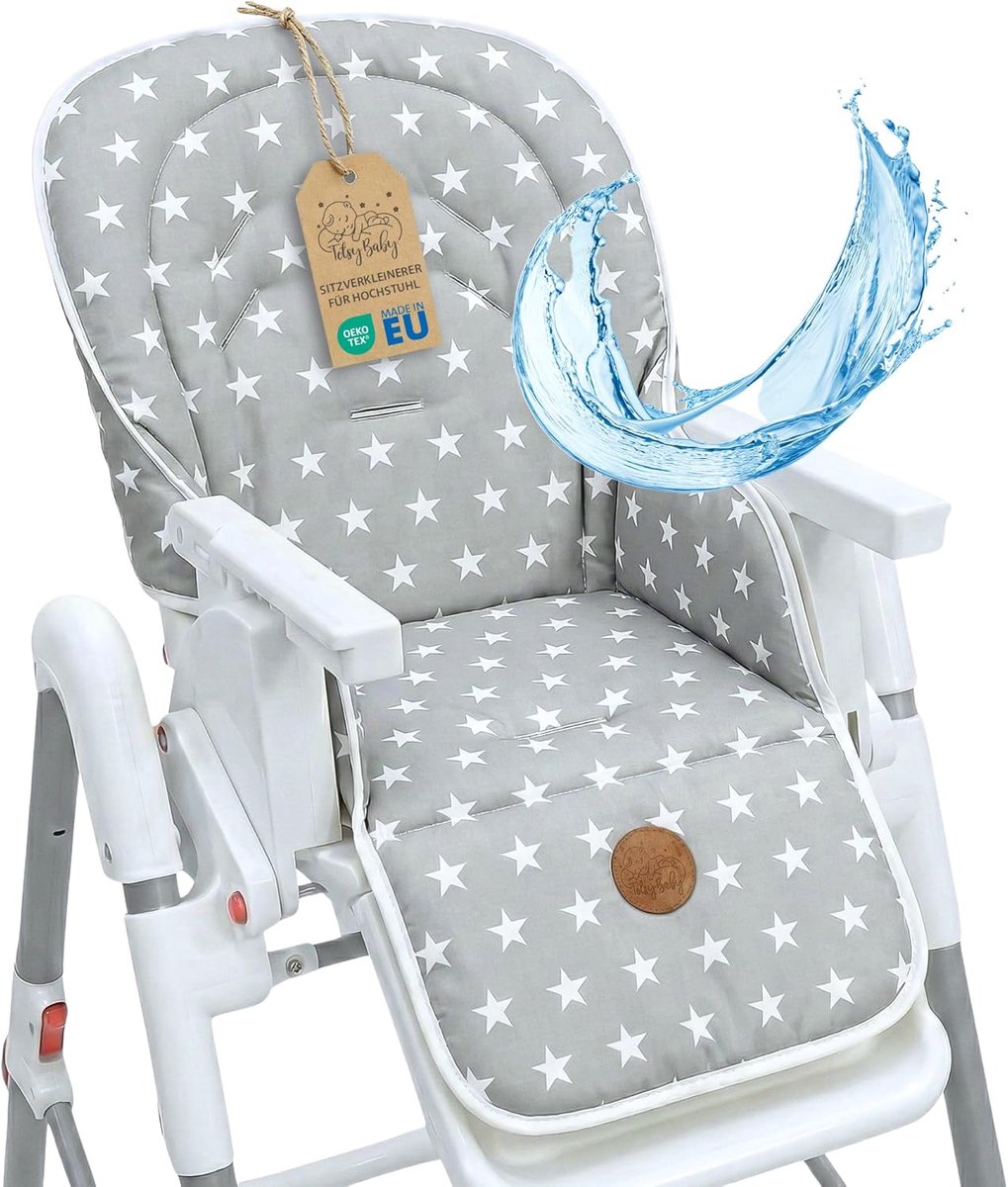 Stoelverkleiner voor kinderstoel - Kinderzitkussen voor babystoel - Zitkussen voor hoge kinderstoel - Universeel stoelkussen met waterafstotende hoes - Oeko-Tex gecertificeerd - Sterren en grijs