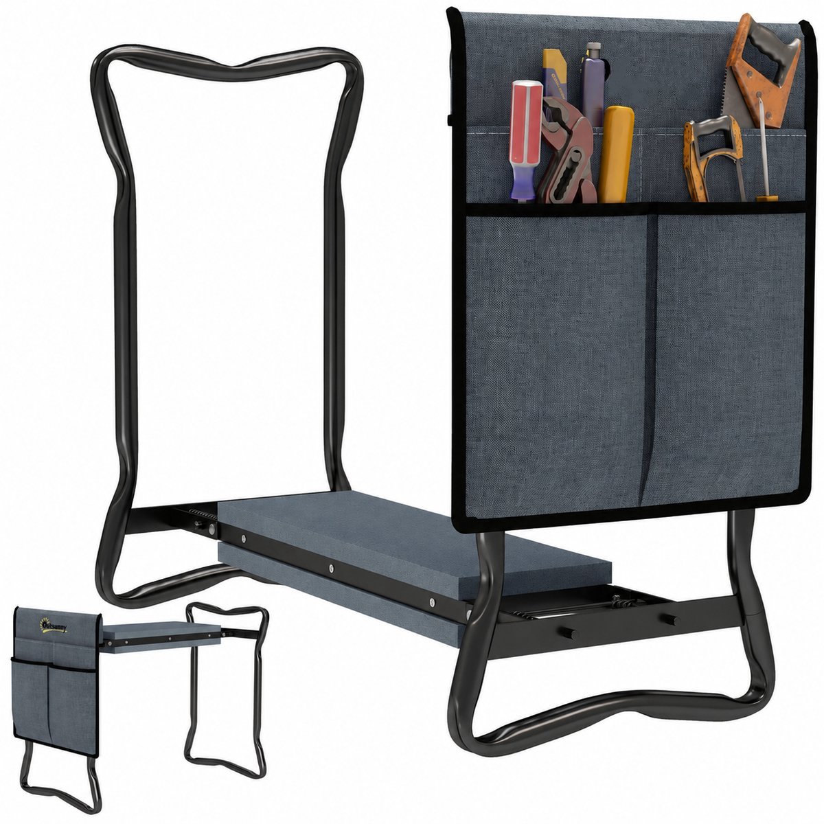 ECTEATOY® Tuinkruk - Kniebank - Tuinkrukje Inklapbaar - Inclusief Dik Kussen en Afneembare Gereedschapstas - Van 5,5 cm Dik schuimkussen - Tot 150 kg - 58x28x49 cm