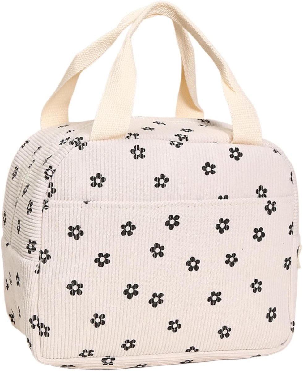 Koeltas voor Meisjes met Bloemenmotief, Off-White, Ruimte voor 2 Maaltijden, Geschikt voor Bento en Ronde Dozen, Perfect voor School en Reizen