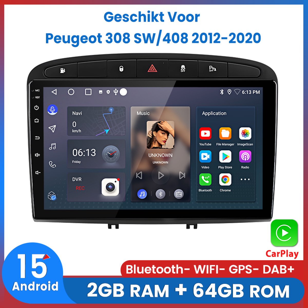 Awesafe Autoradio - Geschikt Voor Peugeot 308 SW/408 (2012 t/m 2020) - 2+64GB 4Core - 9 inch Android 15.0 CarPlay Autoradio - Draadloos CarPlay & Android Auto - Bluetooth & WiFi - GPS Navigatie - 2012 2013 2014 2015 2016 2017 2018 2019 2020