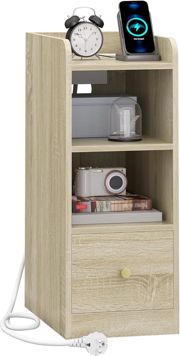 Hzuaneri Nachtkastje met Oplaadstation, USB & Type C Poort, Smalle Eindtafel, 3 Tiers Opbergruimte met 1 Lade, Ruimtebesparend, voor Slaapkamer, Woonkamer, Thuiskantoor, Eiken