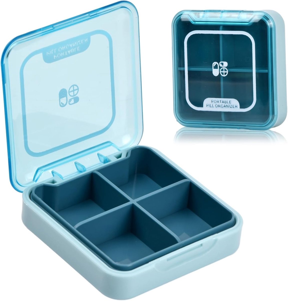 Draagbare Waterdichte Pillendoos voor Reizen met 4 Compartimenten en Verwijderbare Weekindeling voor Medicijnen en Vitaminen (Blauw)