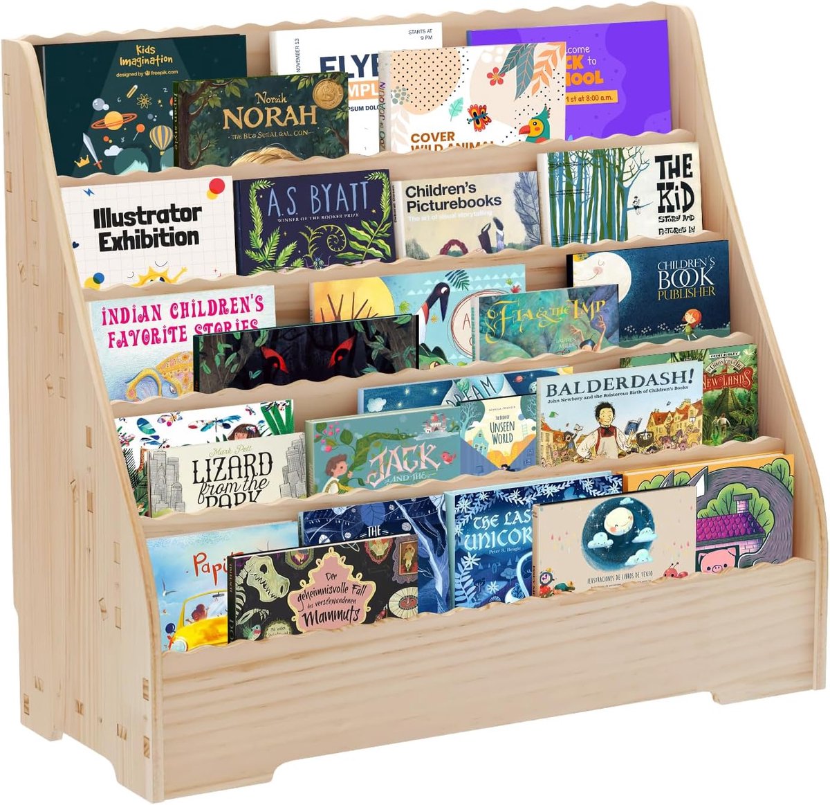 Kinderboekenkast met 5 Niveaus - Houten Opbergrek voor Boeken & Speelgoed - Montessori Stijl - Veilig met Anti-kantelsysteem - 79x70x32 cm - Houtlook