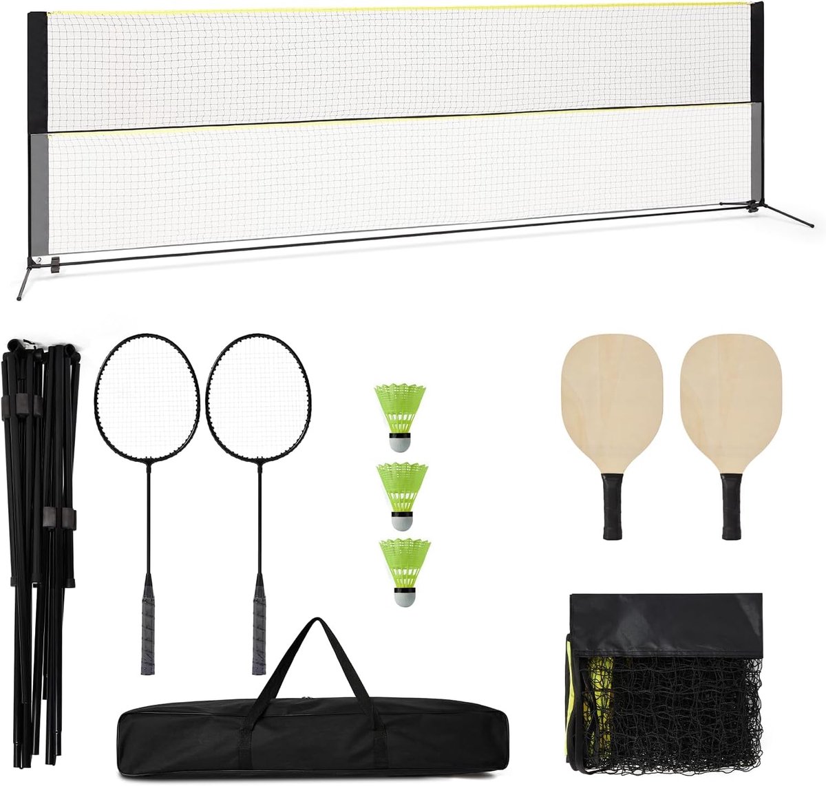 Badmintonnet 510 * 102 * 155 cm, in hoogte verstelbaar van 107 tot 155 cm, complete set met pickleball- en badmintonrackets, draagbaar voor in de achtertuin, buitensporten voor het hele gezin
