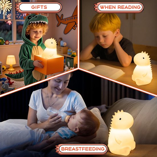 Dinosaurs nachtlampje voor kinderen, siliconen lamp met warm licht, dimbaar, progressief en 7 kleuren licht, USB oplaadbaar aanraak-nachtlampje, draagbaar nachtlampje voor kinderen [Energieklasse A] — afbeelding 4