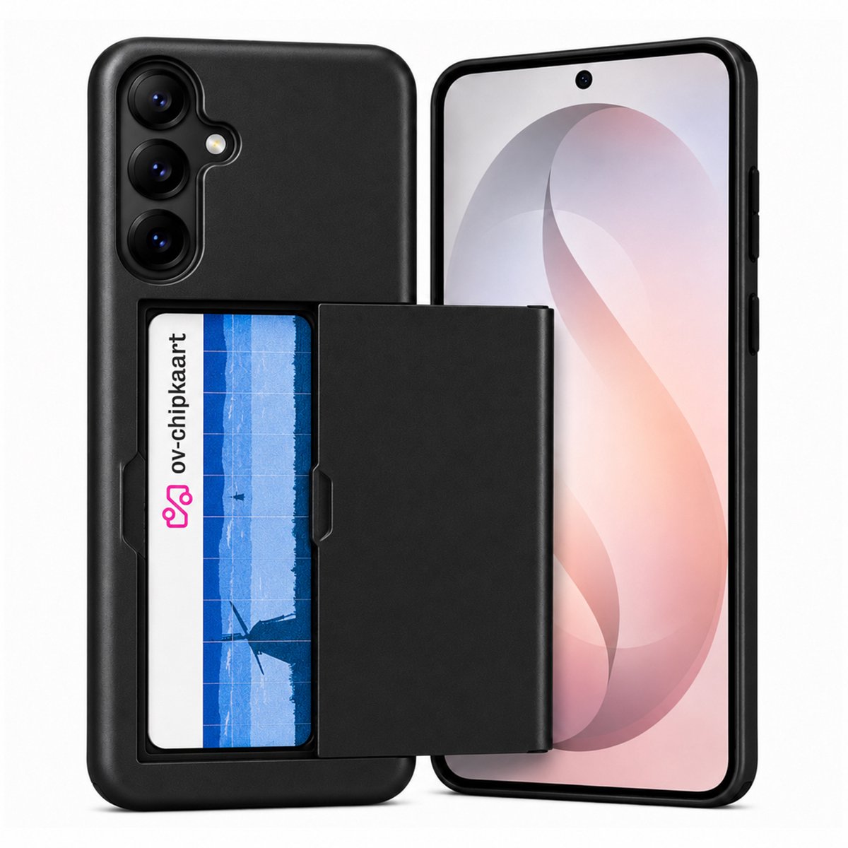 Hoesje met Pasjeshouder geschikt voor Samsung Galaxy S25 FE – Back Cover Slide Case – Zwart – Kaarthouder – Schuifsysteem