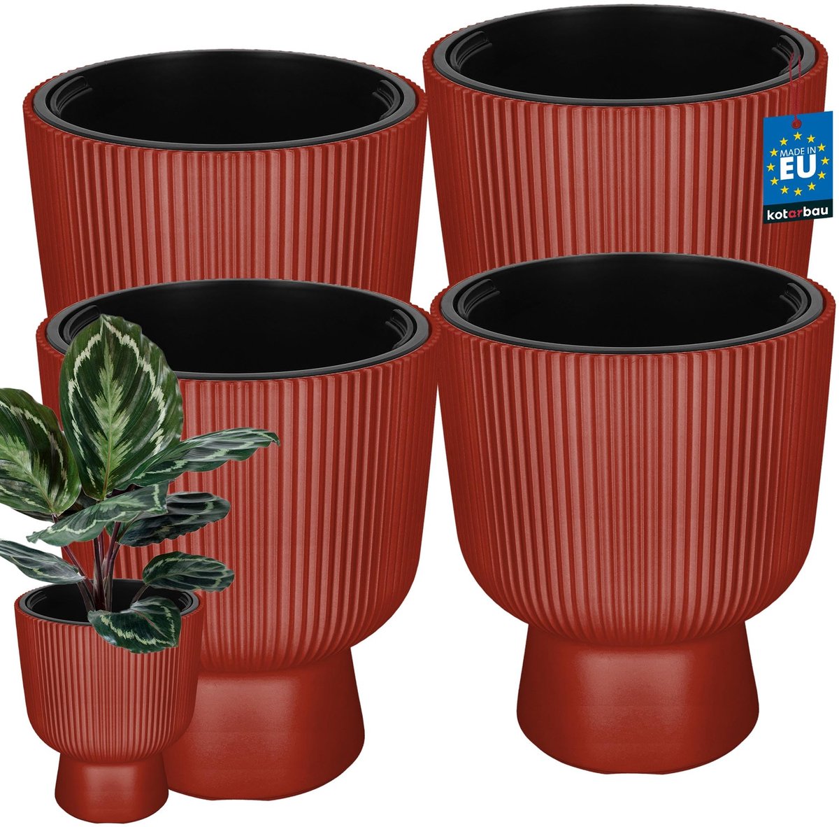 KOTARBAU® 4 Stuks - Bloempot - Plantenpot Ø 29 cm - met Binnenpot - Geribbelde Plantenbak - Plantenpot met Voet - Plantenbak - Kunststof - H: 36 cm - Baksteen