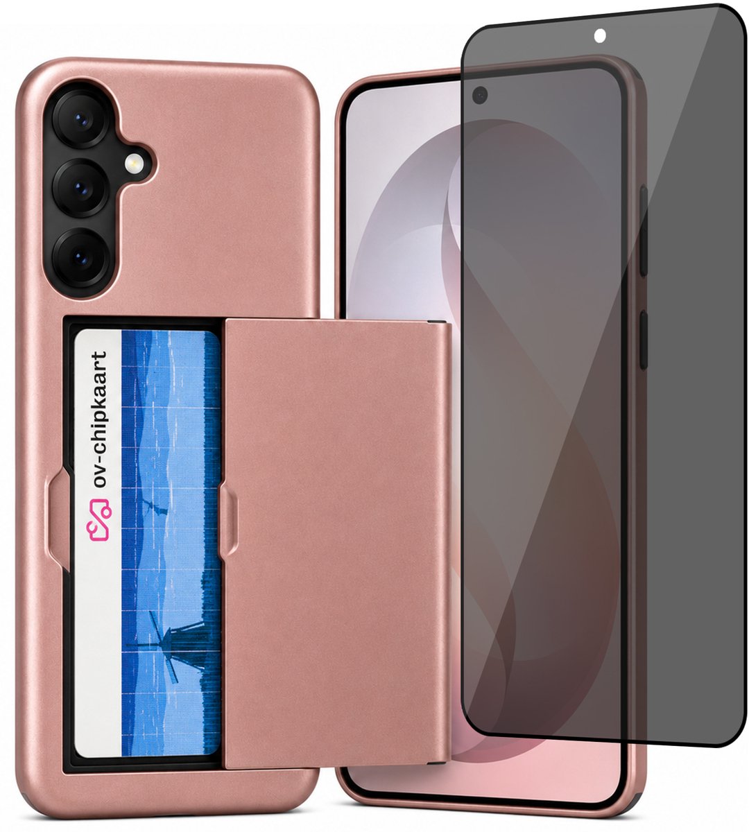 Hoesje met Pasjeshouder geschikt voor Samsung Galaxy S25 FE – Back Cover Slide Case – Roségoud – Privacy Screenprotector – Anti Inkijk