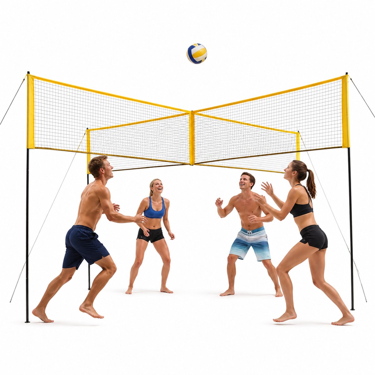 Volleybalnet met kruisvorm, 4 vakken, 4 zijden, afmetingen 335x335x213 cm, 3 verstelbare hoogtes, complete set met bal, pomp, hamer en draagtas, waterdicht UV-bestendig PE-net voor op het strand