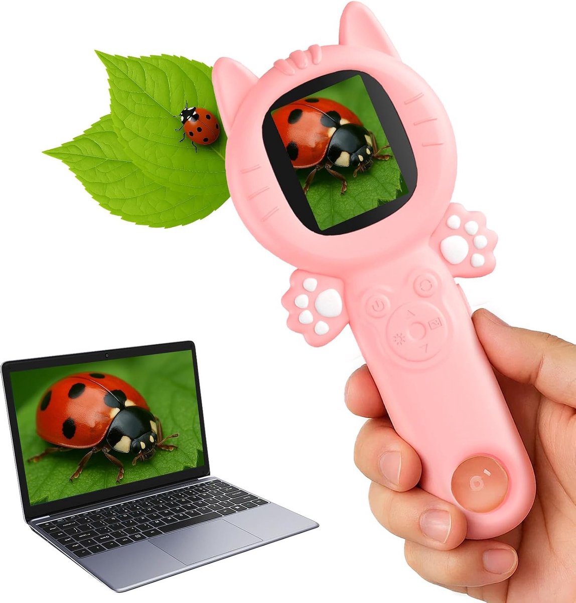 Microscoop voor kinderen – mini-draagbare microscoop voor peuters – educatieve wetenschapsset – Kerst- en verjaardagscadeaus – digitale speelgoed voor meisjes vanaf 3 jaar (roze kat).