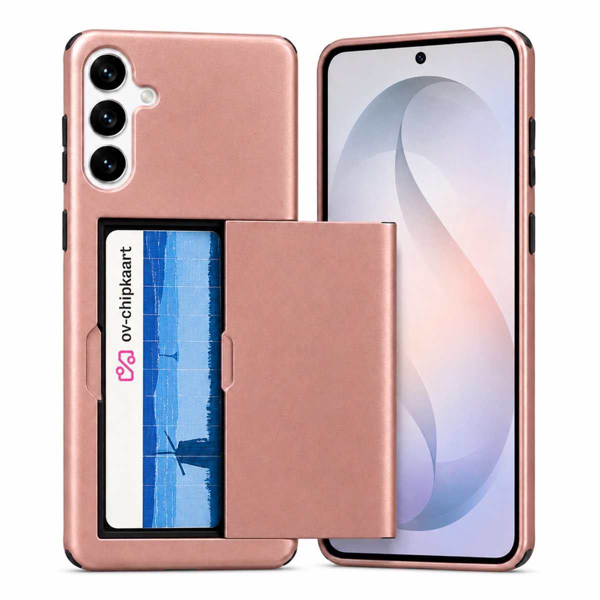 Hoesje met Pasjeshouder geschikt voor Samsung Galaxy S26 – Back Cover Slide Case – Roségoud – Kaarthouder – Schuifsysteem