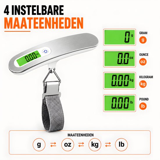 Digitale kofferweegschaal met zilverkleurige handgreep en grijze stoffen lus, toont de 4 instelbare eenheden: gram, ounce, kilogram en pond.