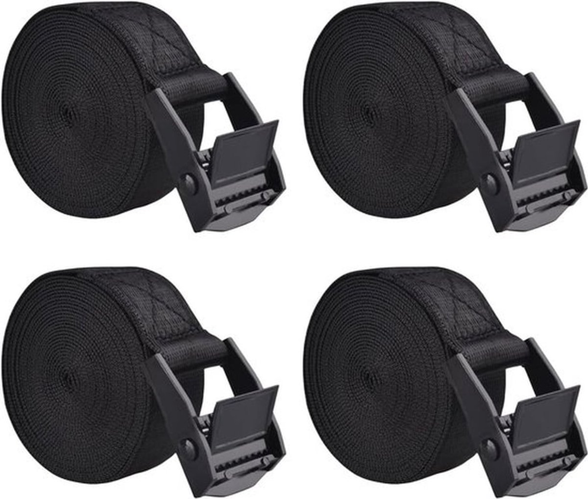 Zware nylonriemen van nylonwebbing voor bagage, koffers, verpakking en vracht - 3 m, zwart - 4 stuks