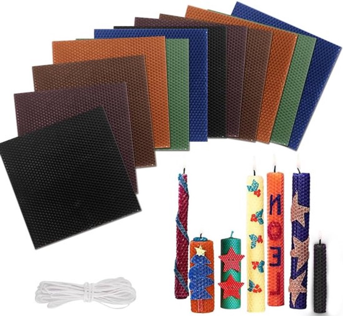 Set van 12 Bijenwasplaten voor Kaarsen in 6 Kleuren, DIY Kaarsen Maken voor Kinderen en Volwassenen, Inclusief 12 Katoenen Lontjes en 20 x 20 cm Platen