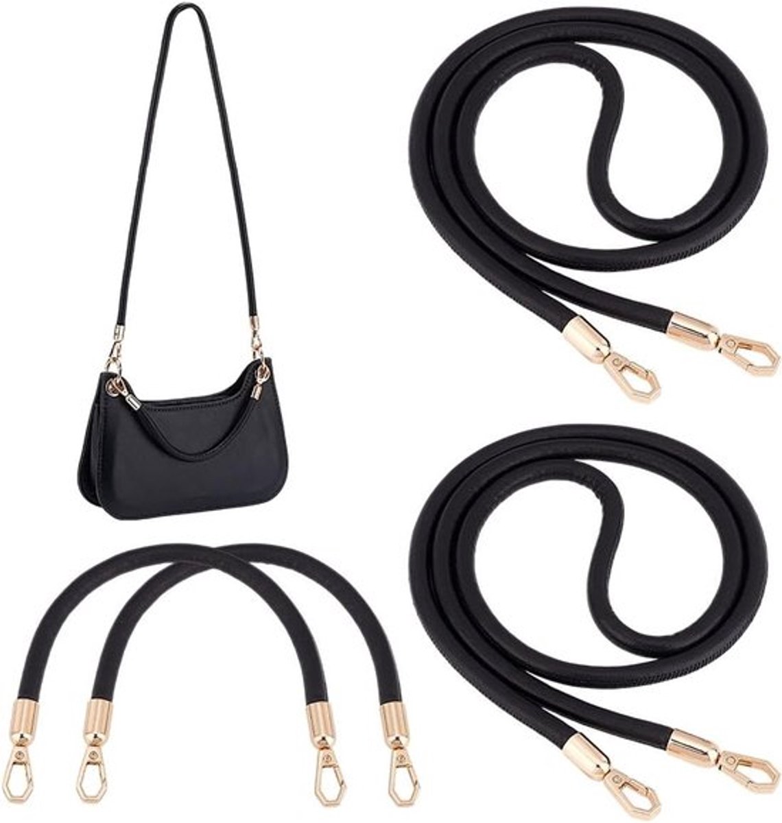 4 Stuks Zwarte Handvatten van PU Leer voor Handtassen, Schouderriemen met Legeringen voor DIY Handtas, Onderarmtas en Tote, 12/47 Inch
