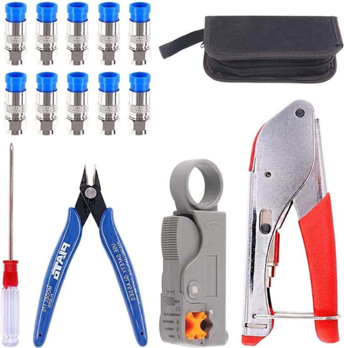 Coaxiale Crimp Tool Kit voor RG6 Kabels met Dubbele Bladen, Kabelstripper en Draadknipper, Inclusief 10 F-Connectoren voor Professioneel Gebruik