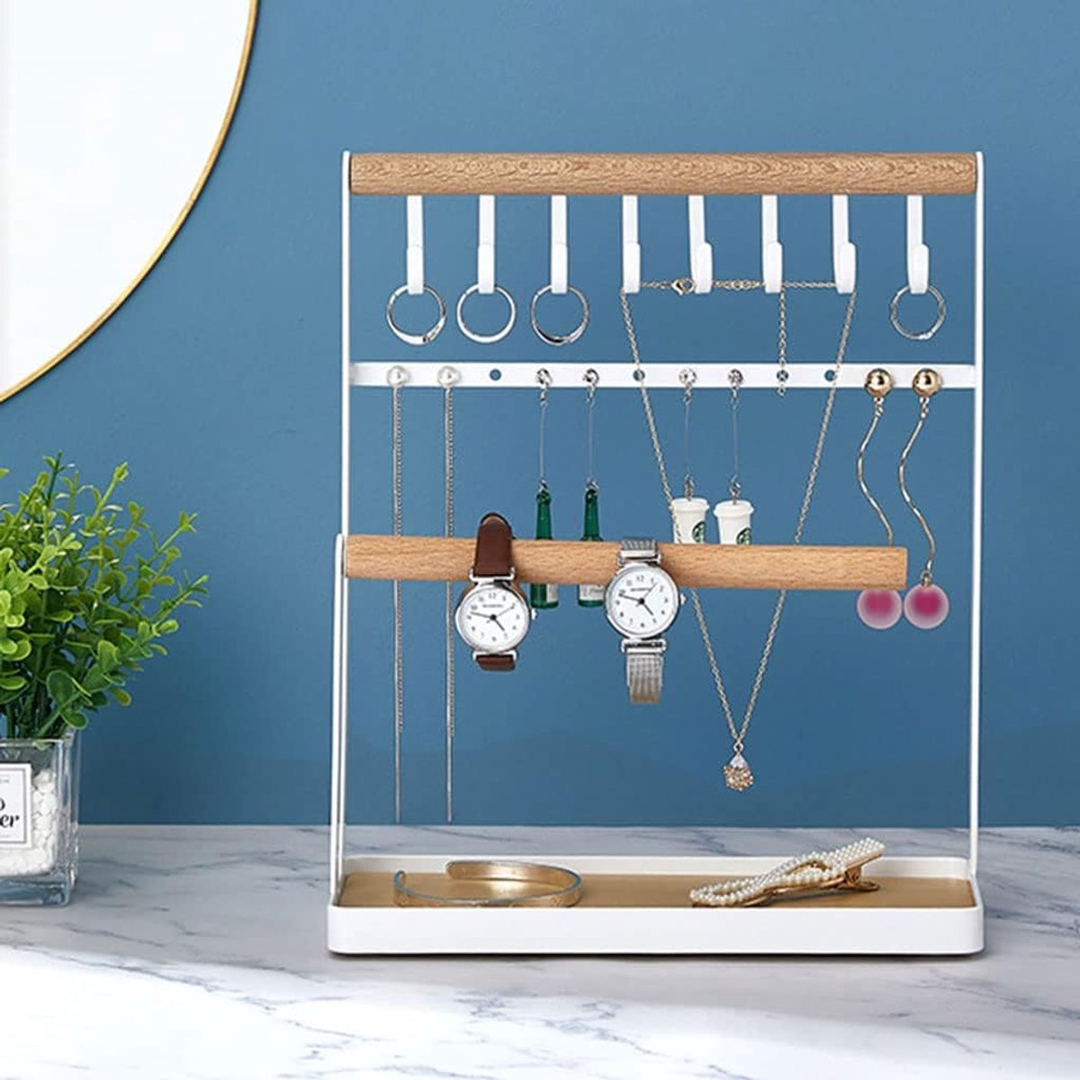 SnelShoppen - Houten Sieraad Organizer 4 Laags Necklace Hanger Ringen Houder Oorbellen Tray Armbanden Sieraad Stand Tafeldecoratie
