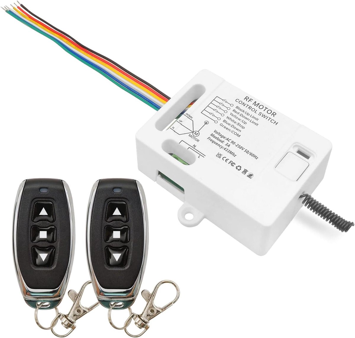SnelShoppen - Draadloze Rolgordijn Schakelaar met 2 Afstandsbedieningen, AC 240V 230V 3A Relay Ontvanger, Compatibel met Handmatige en Limiet Schakela