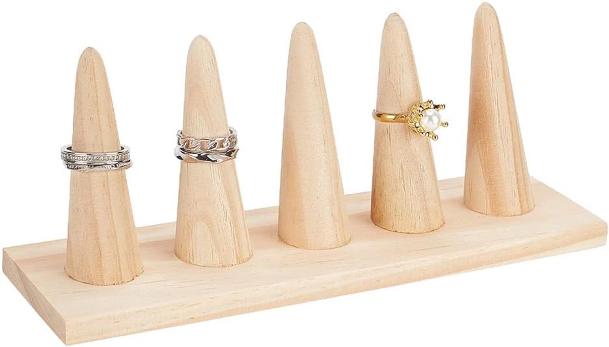 SnelShoppen - Houten Ringhouder - Conische Ringen Organizer - Sieraden Display Stand voor Vrouwen - 5 Ringen - 20x6x8.2cm - Sieradenopslag - Expositie
