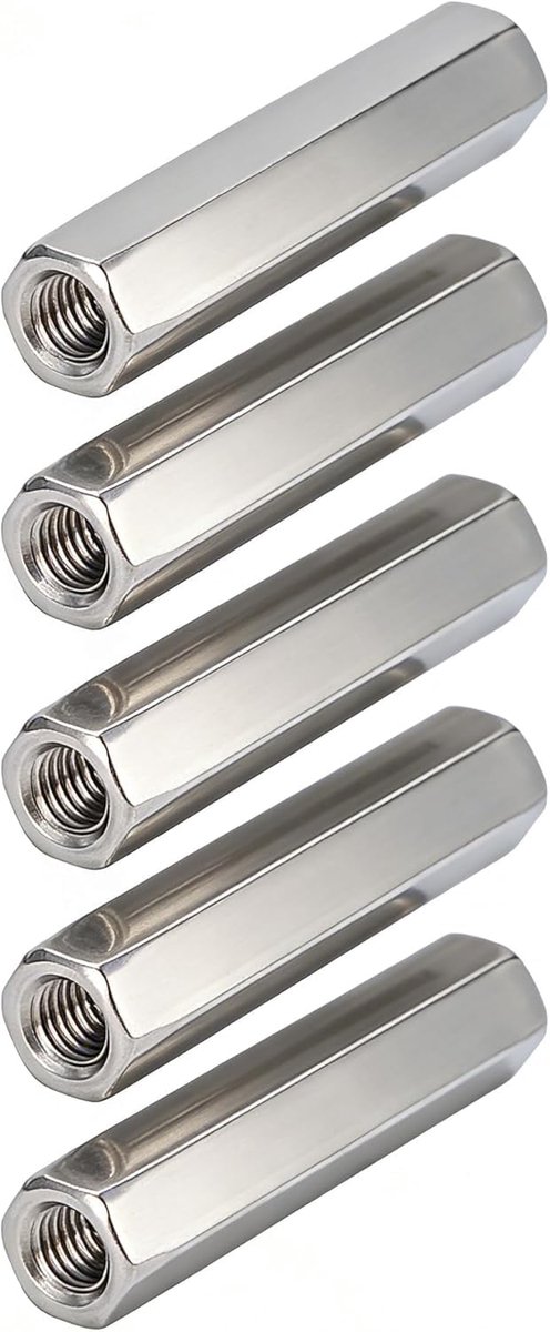 SnelShoppen - 5 Stuks Lange Moeren M8 x 1.25 Draad 13mm OD 65mm Lengte Hex Moeren Set van 304 RVS Voor Vervangingsonderhoud