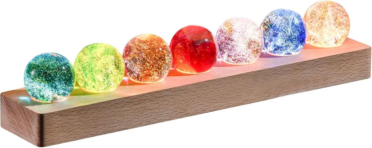JOJOCY 7 colorful glass crystal balls with LED light, wooden stand, natural crystal quartz, healing balls, night light - ShopVlot