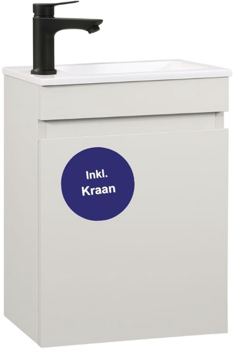SnelShoppen - Gasten-wc wastafel set badkamermeubel 40cm, voorgemonteerd met kleine wastafel en onderkast in Cashmerekleur, inclusief zwarte kraan voo