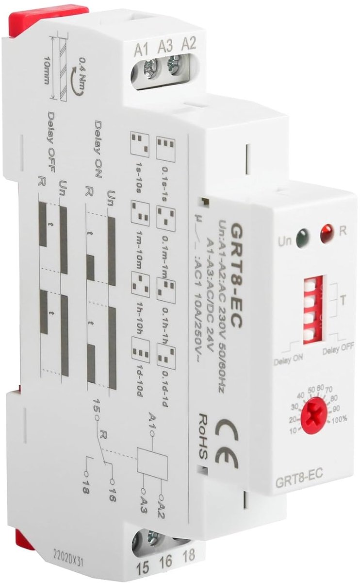 SnelShoppen - Tijdvertraging Relay, AC220V/DC24V Vertraagde Relay, Tijdschakelaar, Enkelvoudige Functie, DIN Rail Bevestiging, GRT8-EC