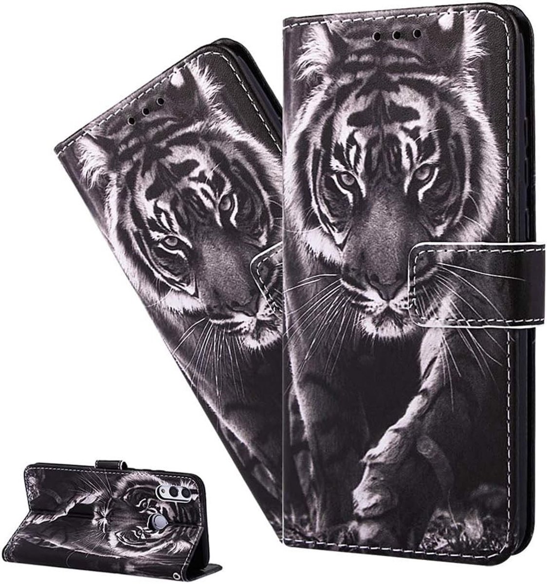 Schattige Zwarte Tijger PU Leren Flip Notebook Wallet Case voor Samsung Galaxy S24 met Magnetische Stand en Kaartsleuven