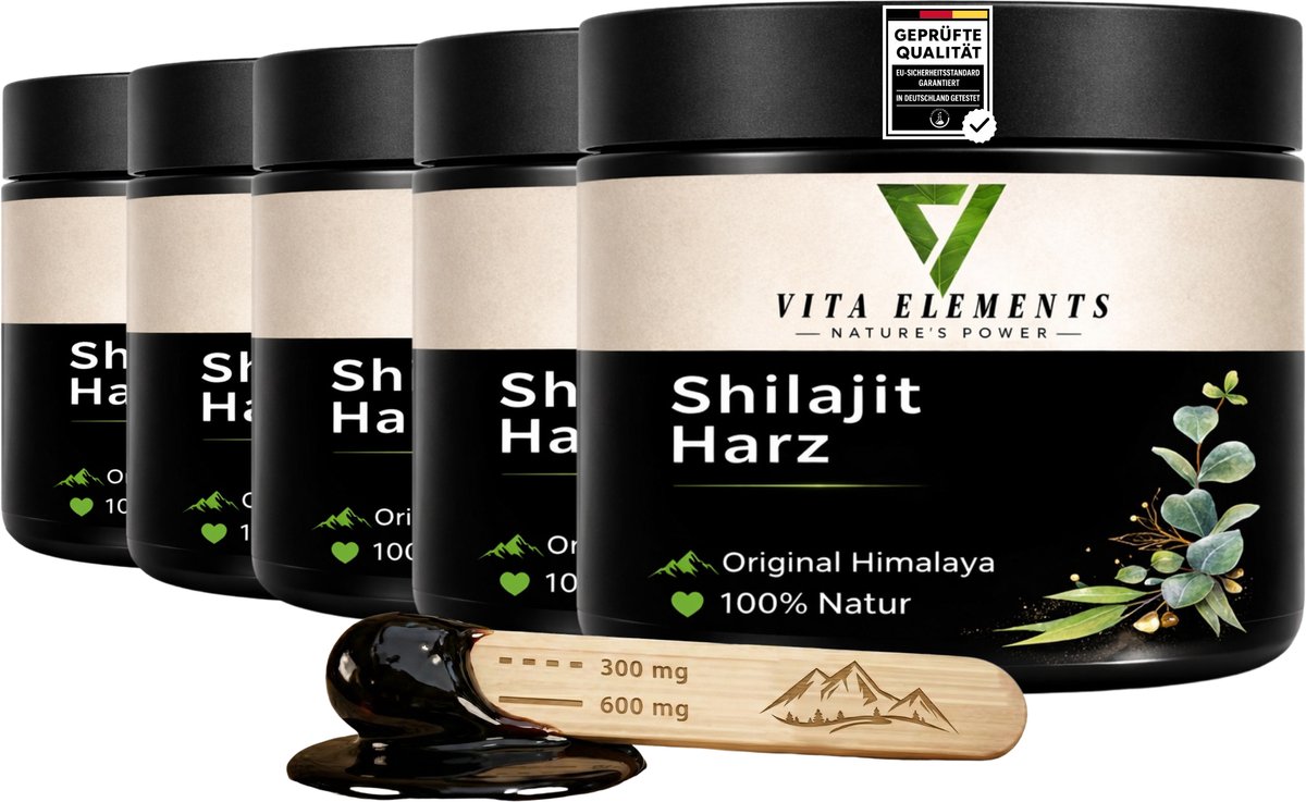 Vita Elements Shilajit Hars - 100% Puur Himalaya Mumijo - Rijk aan Fulvinezuur en 85+ Mineralen - Energie, Immuunsysteem en Vitaliteit - 50 gram - Set van 5