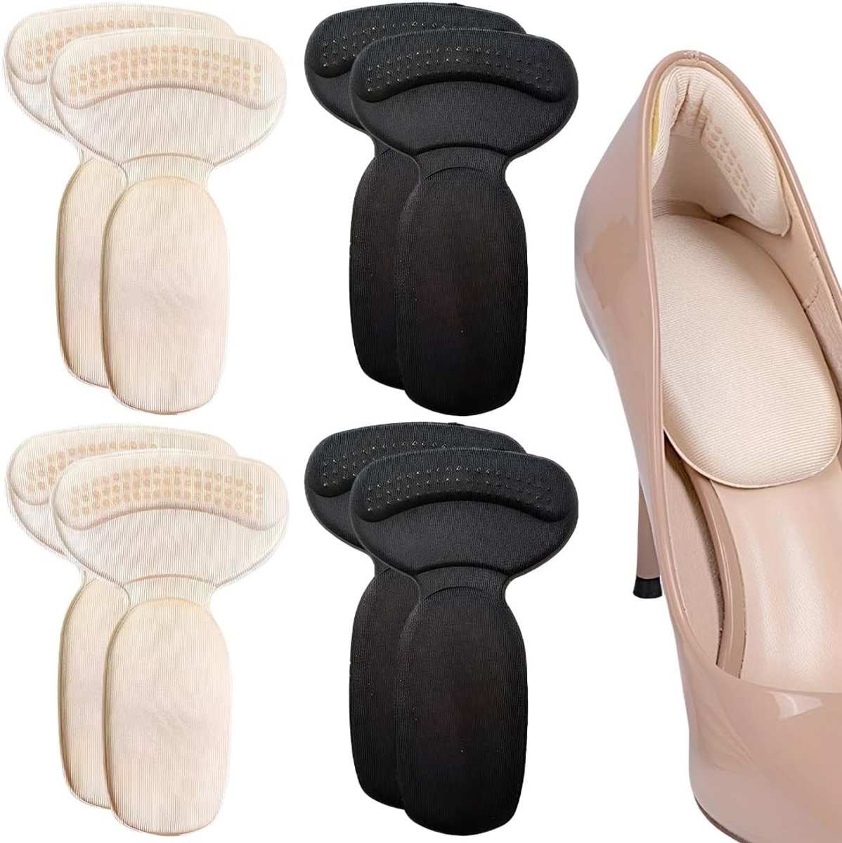 Hakendempers - Zelfklevende Schuimkussens voor Blarenpreventie en Wrijving, Ideaal voor Te Grote Hakken, Ballerina's en Laarzen, Zwart en Beige