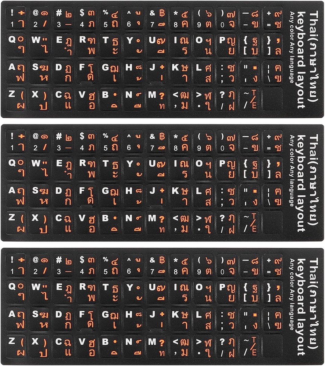 SnelShoppen - 3 Stuks Thai Toetsenbord Stickers voor PC, Laptop en Notebook - Zwarte Achtergrond met Oranje en Witte Letters - Perfect voor Vervanging