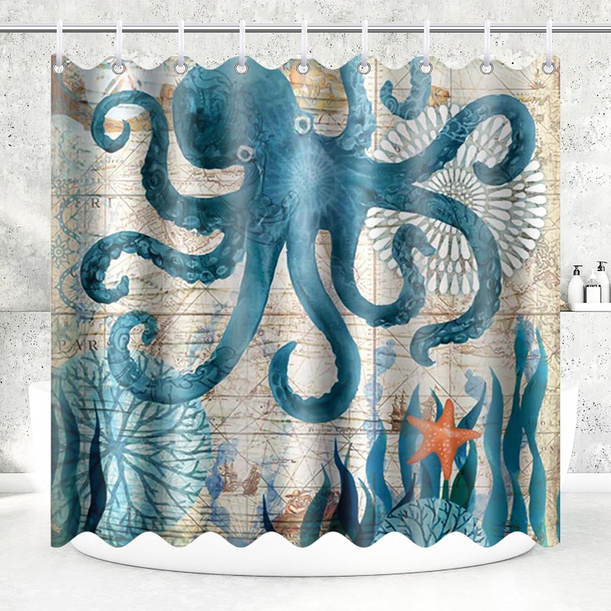 SnelShoppen - Polyester Douchegordijn Mould-Resistent Waterdicht Wasbaar Badkamer Badkuip Gordijn Octopus Patroon Decoratie 180x200 cm met 12 Haakjes