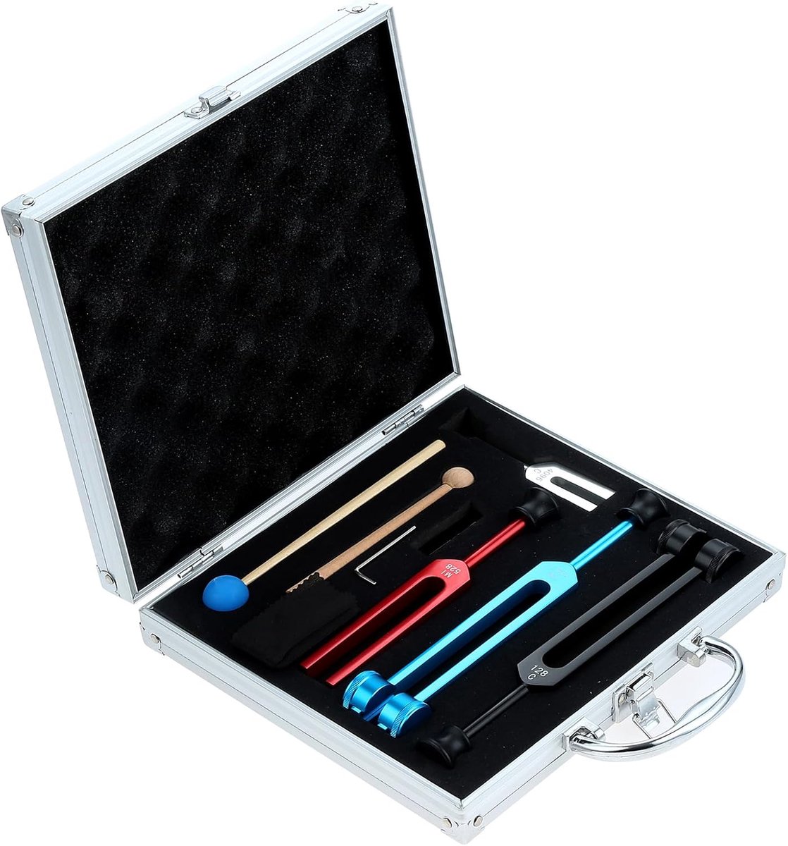SnelShoppen - DRELD Klank Genezing Stemvork Set - 128Hz, OM 136.1Hz, MI 528Hz, 4096Hz Aluminium Stemvorken met Hamers en Opbergdoos voor Chakra, Solfe