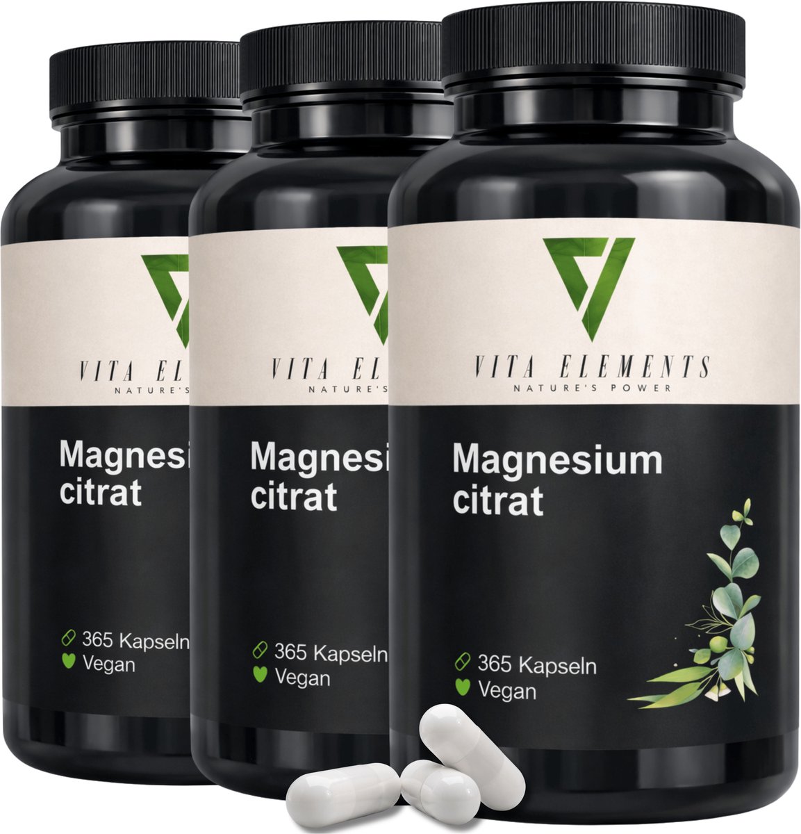 Vita Elements Magnesium Bisglycinaat Capsules - 300 mg Magnesium per Dagdosis - Beter Opneembaar - Veganistisch - GGO-vrij - 365 Capsules voor Spieren - Set van 3