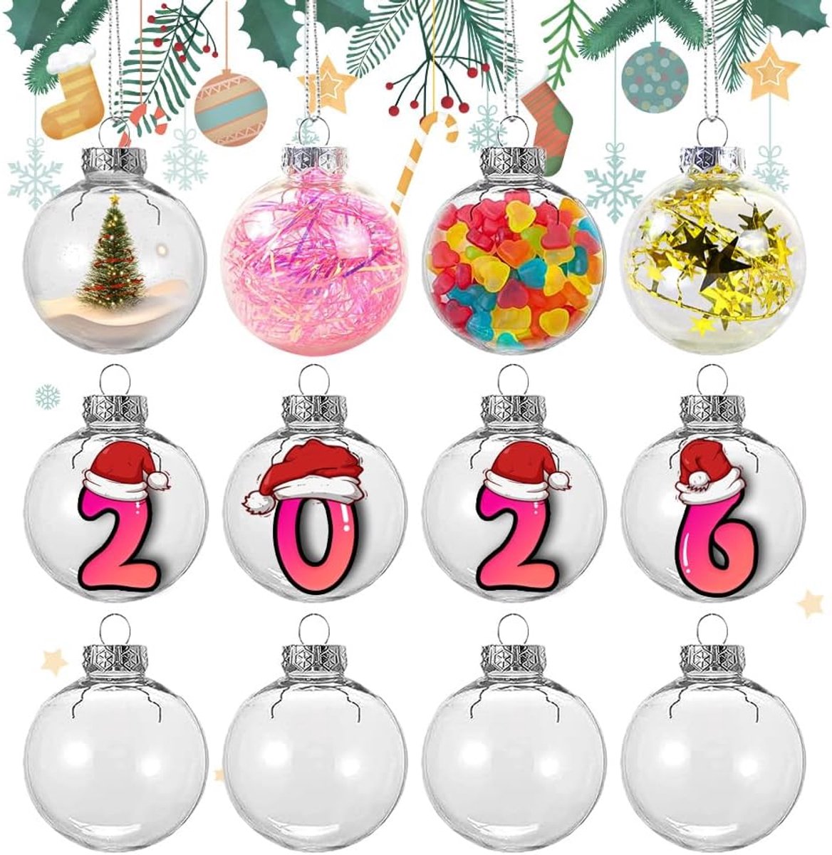 SnelShoppen - Pack van 12 Vulbare Kerstballen, Transparant, 8 cm, DIY Kerstballen, Heldere Kerstdecoratie voor Feestdagen, Vulbare Kerstversiering