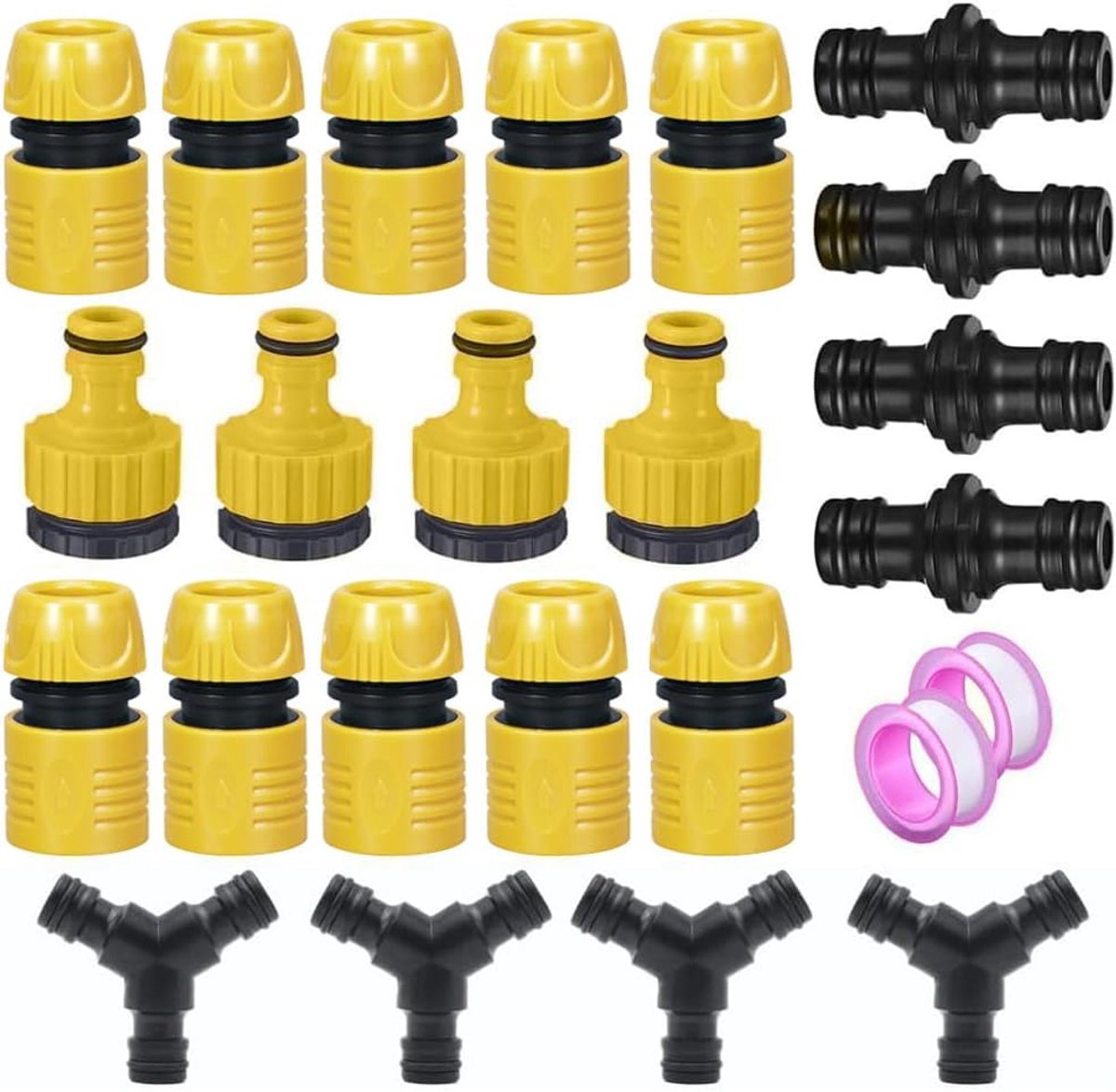 SnelShoppen - 24 Stuks Tuinslang Koppelingen Set 1/2 Inch en 3/4 Inch Snelle Verbinding, Robuuste Plastic Koppelingen voor Tuin Gereedschap, Geel, Duu